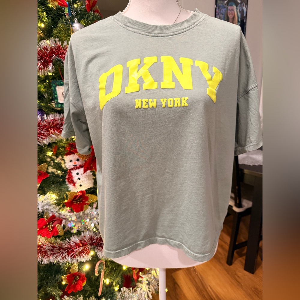 DKNY Gray Tee with Vibrant Yellow Lettering